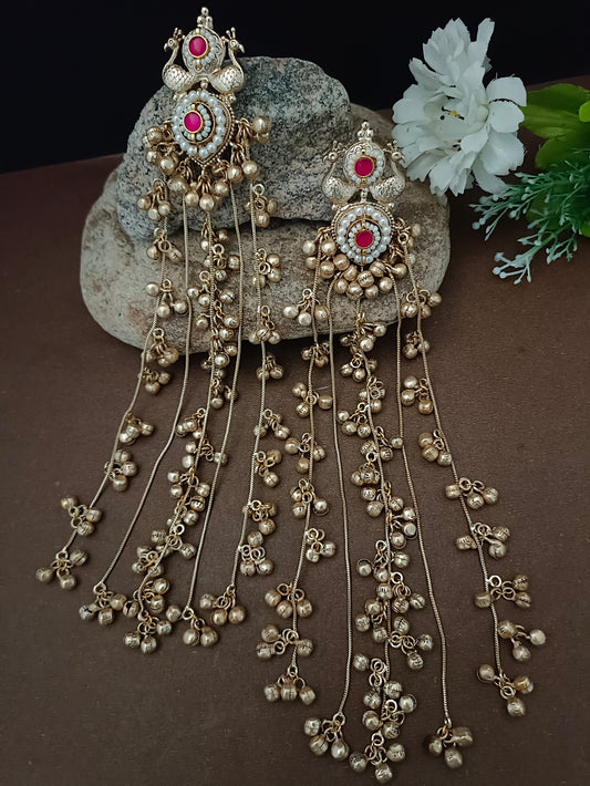 Gold Plated Pachi Kundan & Ghungaroo Studded Peacock Shaped Kashmiri Drop Earrings