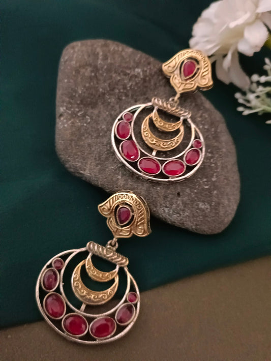 Sanjog Dual-Tone Antique Jhumka Drop Earrings with Ruby Red Stone Chandbali Design