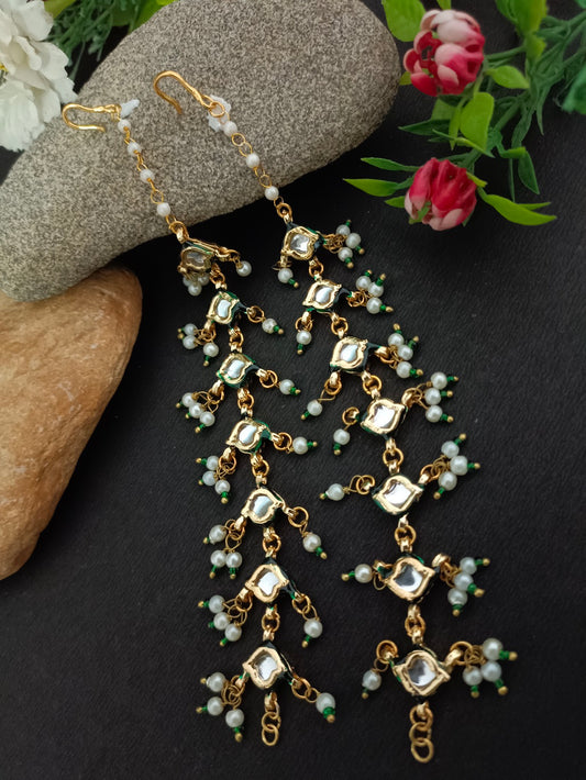 Gold-Plated Kundan Studded And Artificial Beaded Pearl Sahara Ear Chains Earrings