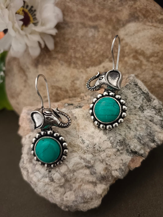 Sanjog Set of Two Pairs: Oxidized Silver Elephant Drop Earrings with Turquoise & Simple Oval Pink Stone Drops