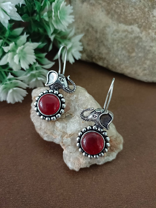 Sanjog Oxidized Silver Elephant Drop Earrings with Red Stone
