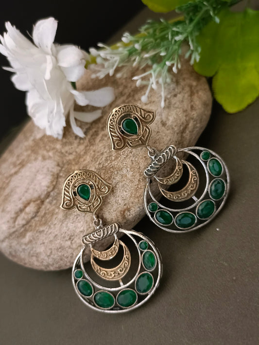 Sanjog Dual-Tone Antique Jhumka Drop Earrings with Emerald Green Stone Chandbali Design