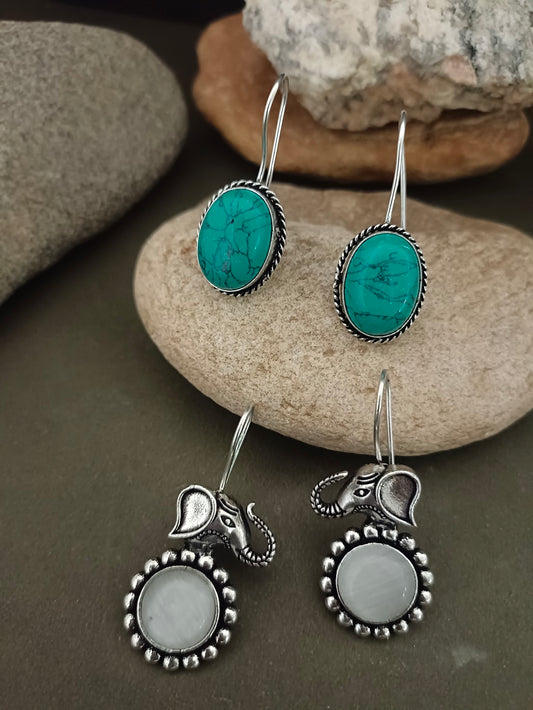 Sanjog Ethnic Oxidized Silver-Tone Drop Earrings Set: Elephant Heads with White Stone & Braided Turquoise