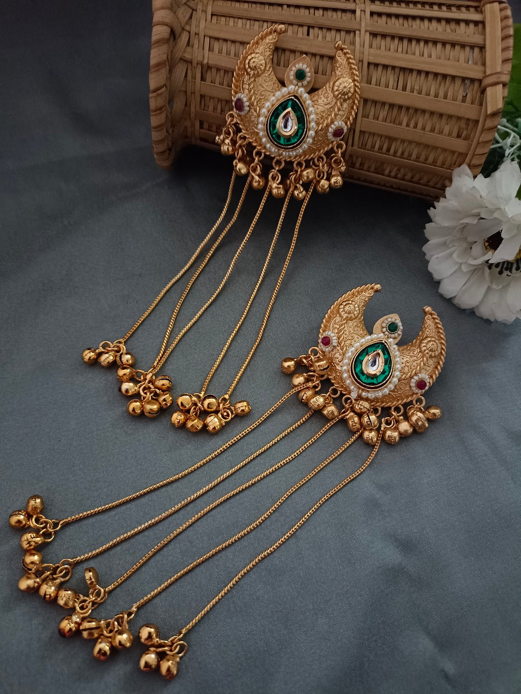Brass-Plated Pachi Kundan & Ghungaroo Beaded Kashmiri Crescent Shaped Drop Earrings