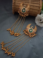 Brass-Plated Pachi Kundan & Ghungaroo Beaded Kashmiri Crescent Shaped Drop Earrings