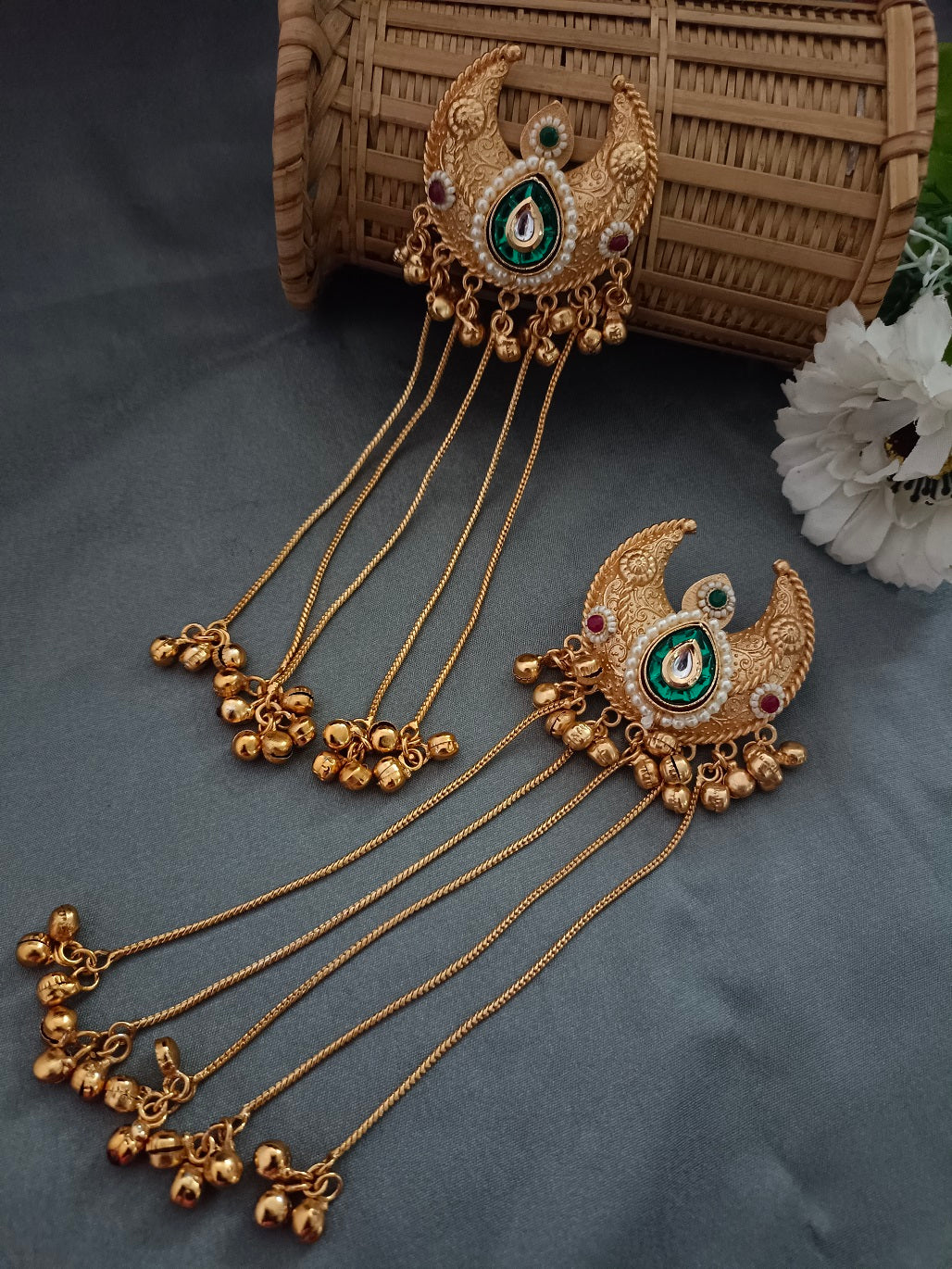 Brass-Plated Pachi Kundan & Ghungaroo Beaded Kashmiri Crescent Shaped Drop Earrings