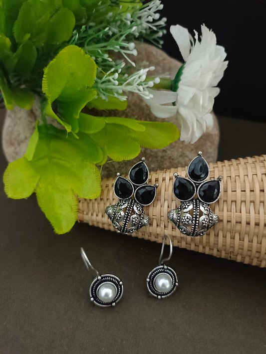Sanjog Tribal Oxidized Silver Stud Earrings with Black Stone Cluster
