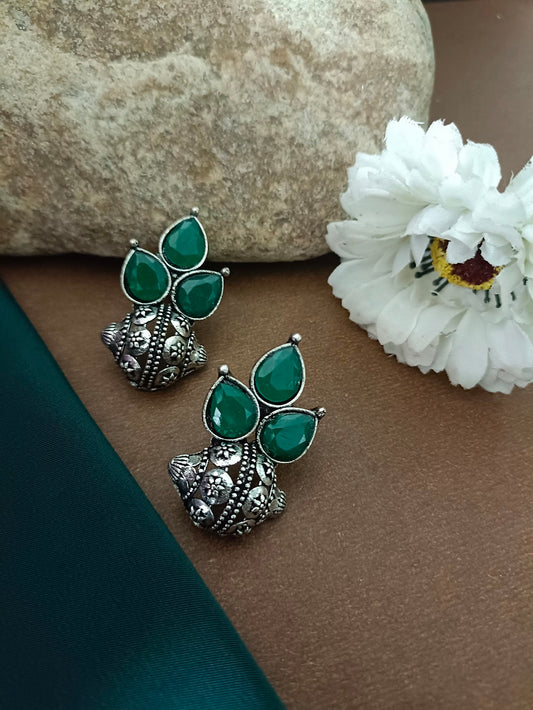 Sanjog Oxidized Silver-Tone Emerald Green Stone Cluster Stud Earrings with Intricate Dome Base