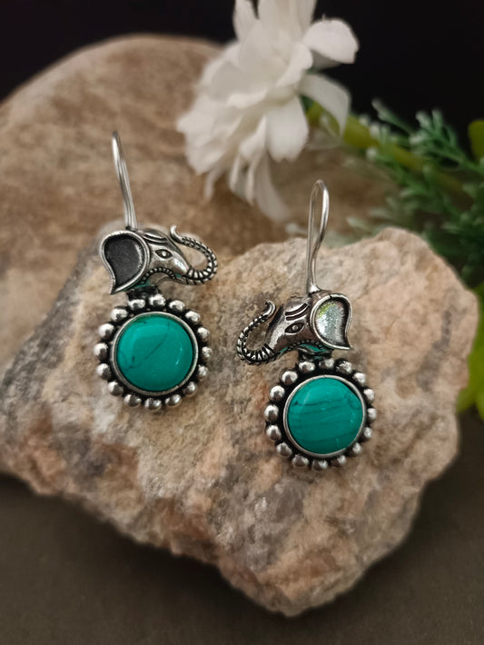 Sanjog Oxidized Silver Elephant Drop Earrings with Turquoise Stone