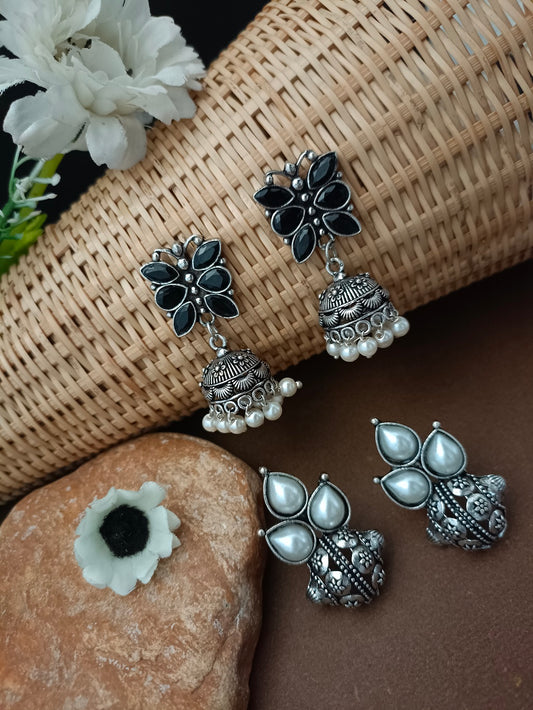 Sanjog Oxidized Silver Earring Set with Pearl Studs & Black Stone Jhumkas