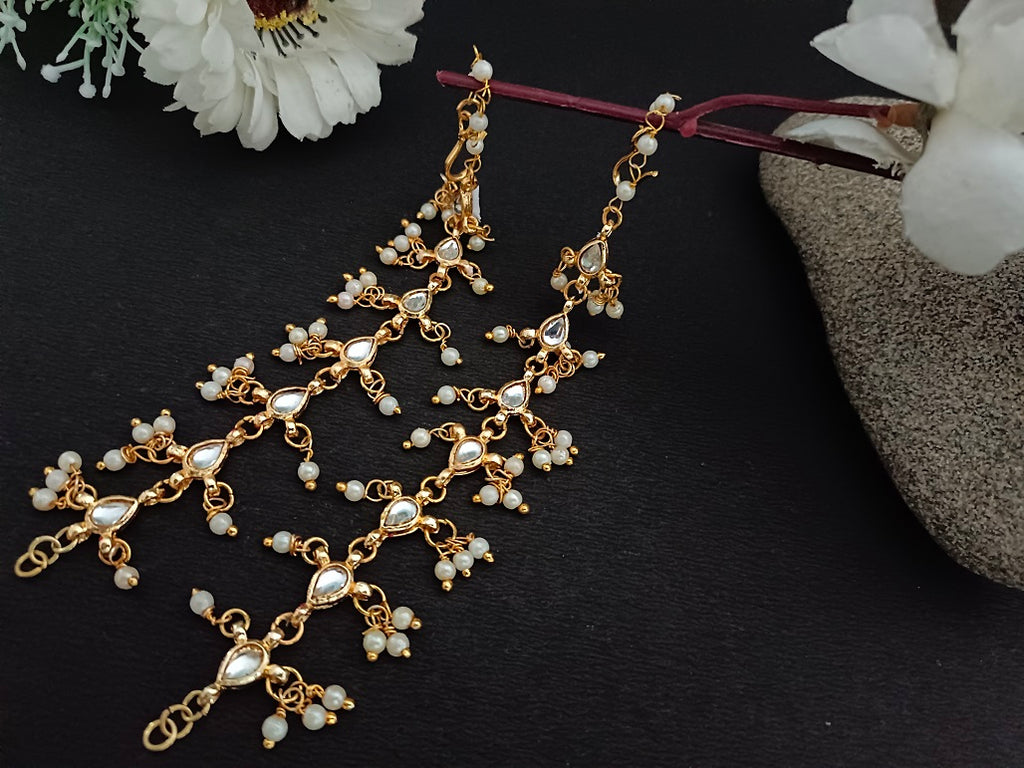 Gold-Plated Kundan Studded And Artificial Beaded Pearl Sahara Ear Chains Earrings
