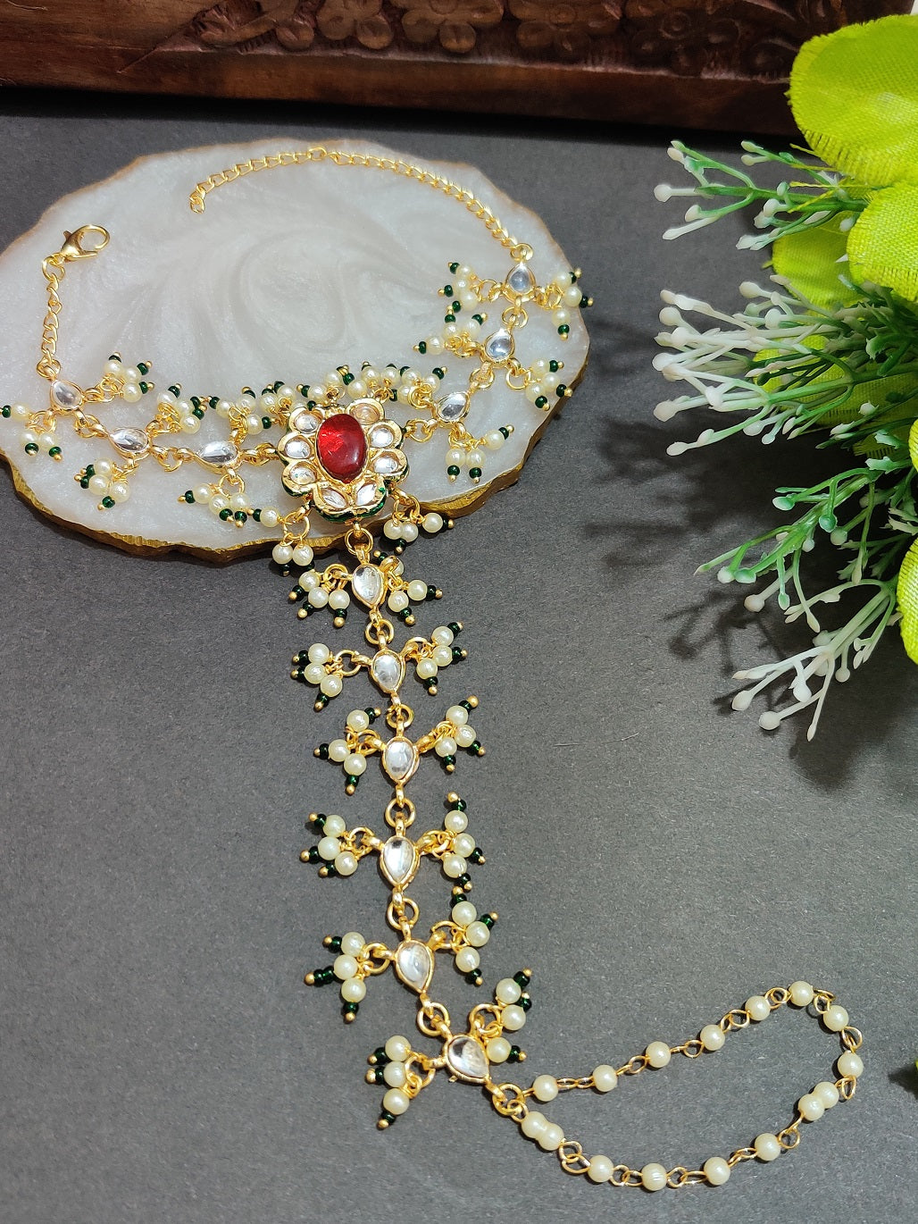 Set Of 2 Gold-Plated Kundan Studded Meenakari Ring Hathphool Pearl Bracelets