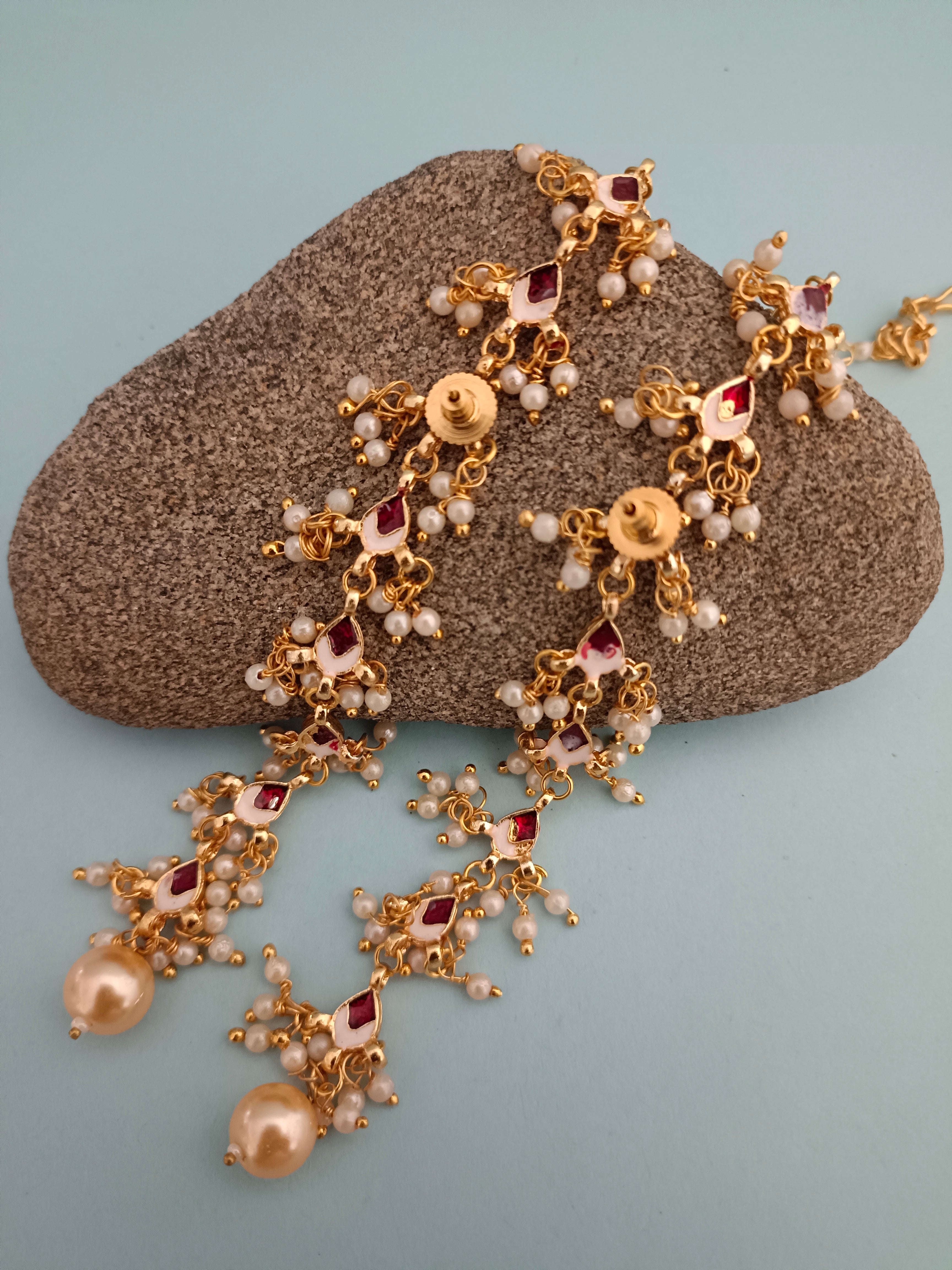 Sanjog Opulent Kundan/Polki Long Chain Earrings with Saharay and Peach Pearl Drops