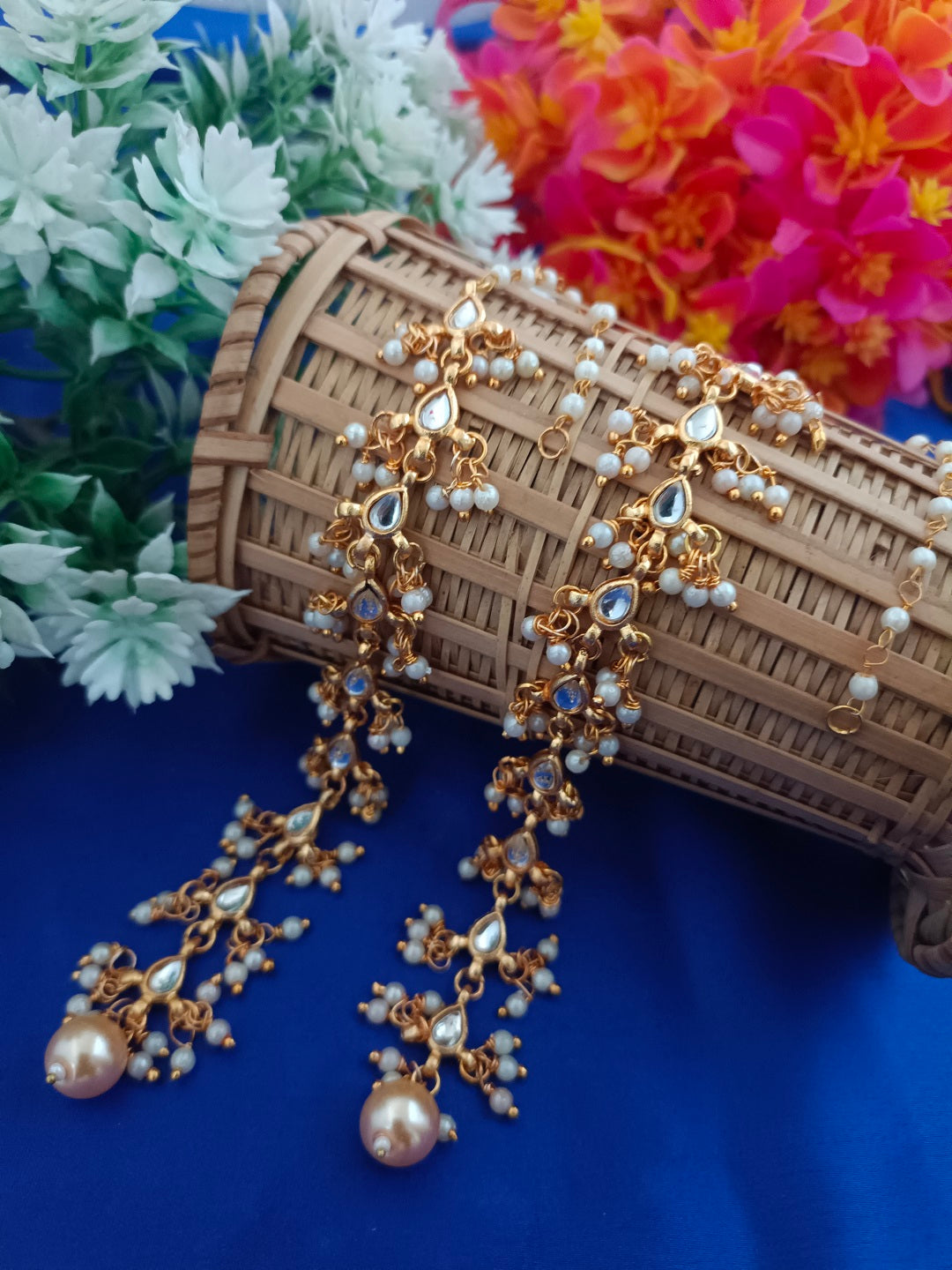 Sanjog Opulent Kundan/Polki Long Chain Earrings with Saharay and Peach Pearl Drops