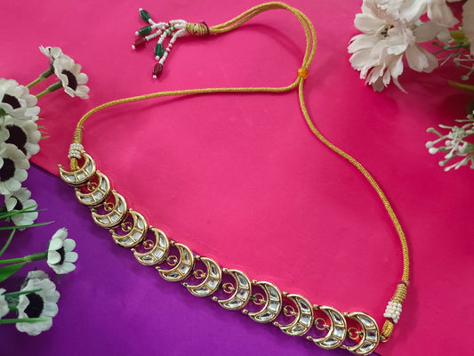 Sanjog Traditional Gold-Plated Crescent Moon Kundan Choker Necklace with Adjustable Dori