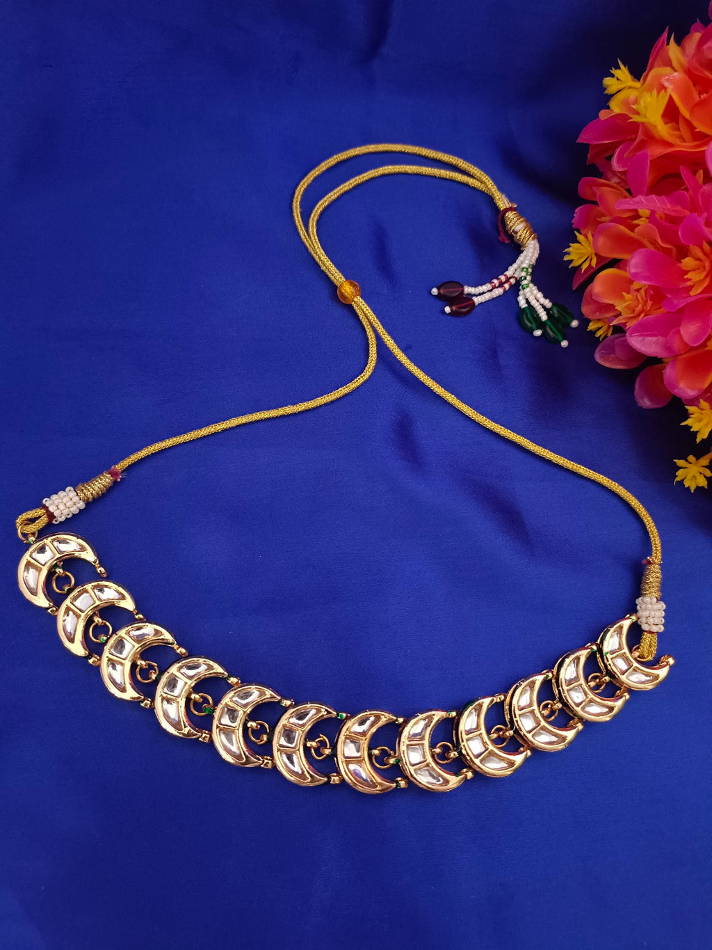 Sanjog Traditional Gold-Plated Crescent Moon Kundan Choker Necklace with Adjustable Dori