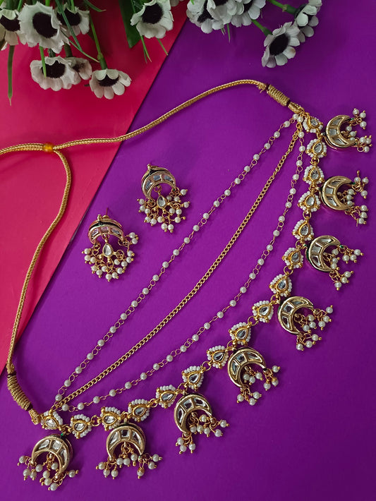 Sanjog Grand Gold Plated Multi-Layer Kundan Choker Necklace Set with Chaandbali Motifs & Pearl Drops