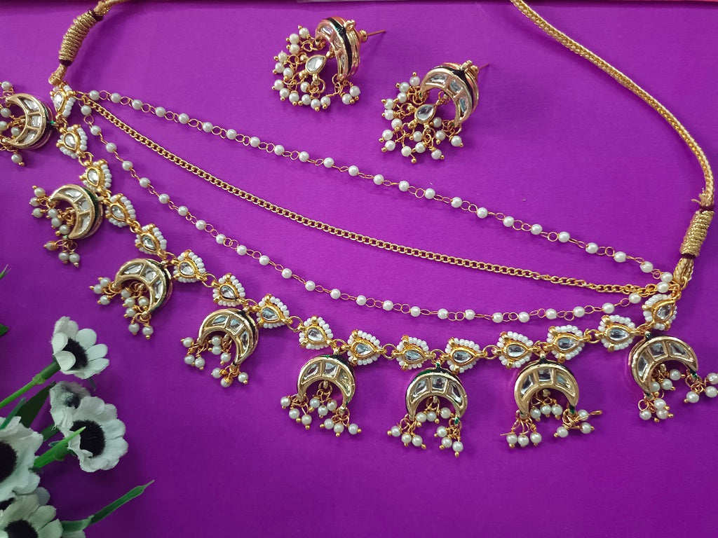 Sanjog Grand Gold Plated Multi-Layer Kundan Choker Necklace Set with Chaandbali Motifs & Pearl Drops