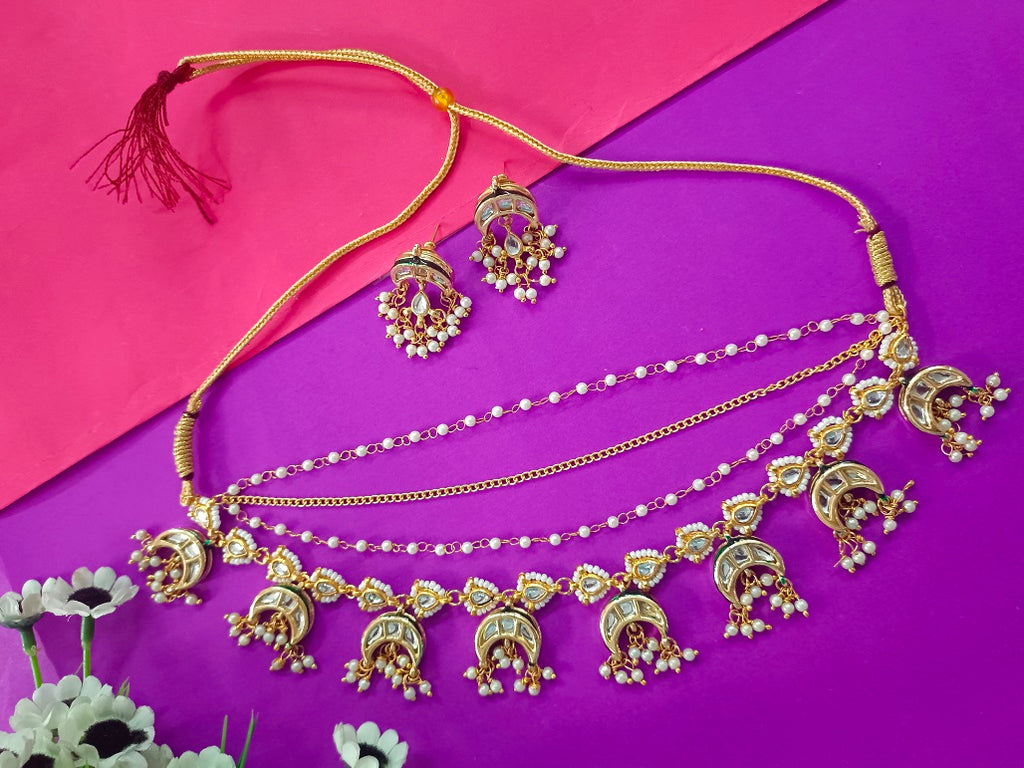 Sanjog Grand Gold Plated Multi-Layer Kundan Choker Necklace Set with Chaandbali Motifs & Pearl Drops