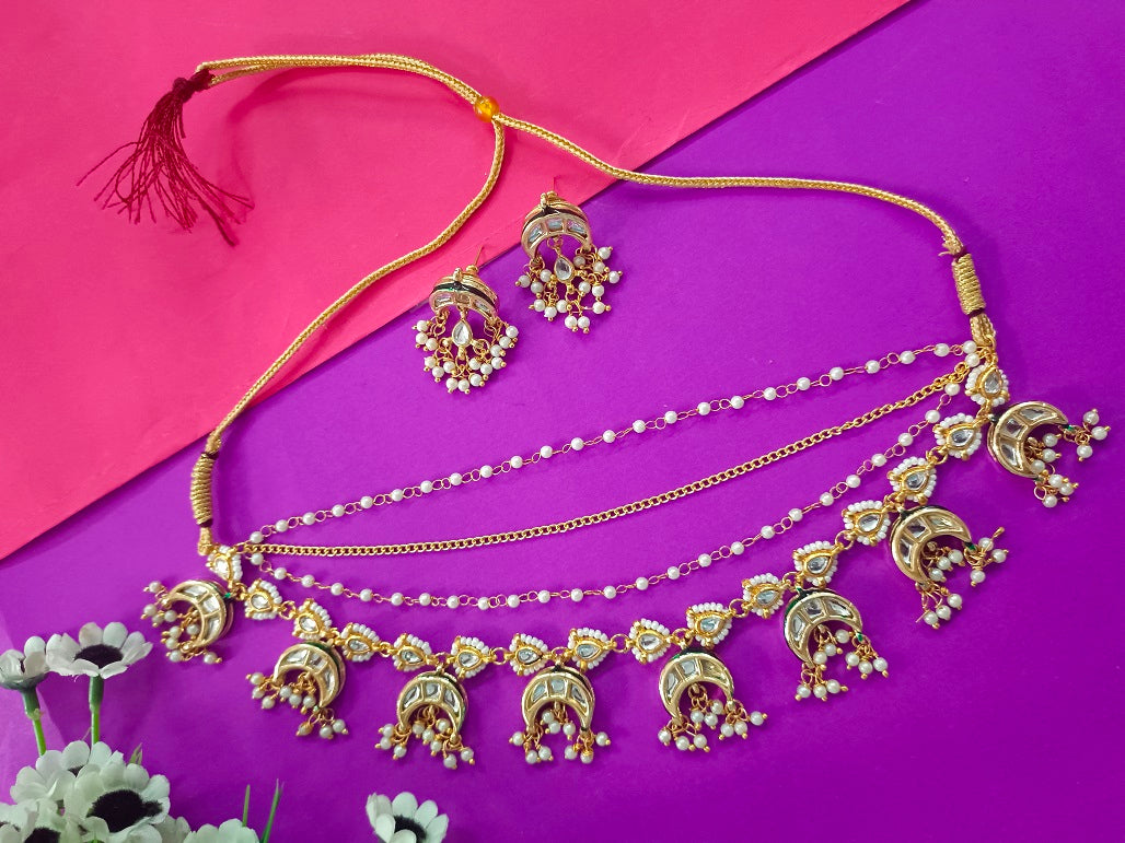 Sanjog Grand Gold Plated Multi-Layer Kundan Choker Necklace Set with Chaandbali Motifs & Pearl Drops