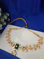 Sanjog Gold-Plated Kundan Crescent Moon Choker Necklace with Green Meenakari & Pearl Drops