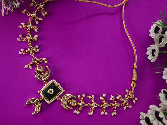 Sanjog Gold-Plated Kundan Crescent Moon Choker Necklace with Green Meenakari & Pearl Drops