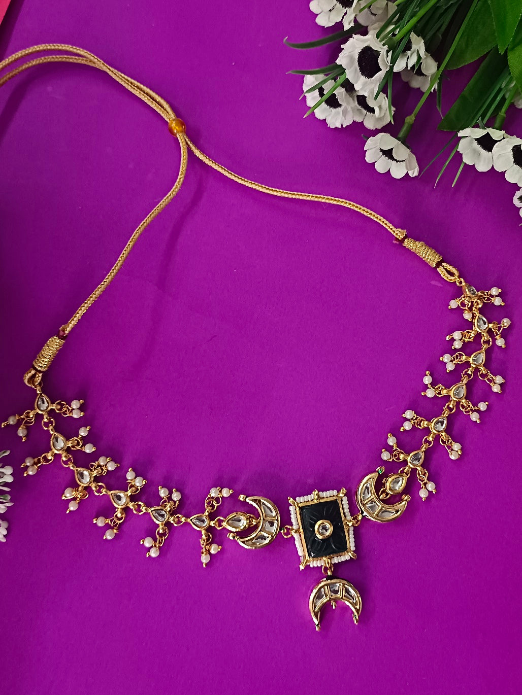 Sanjog Gold-Plated Kundan Crescent Moon Choker Necklace with Green Meenakari & Pearl Drops