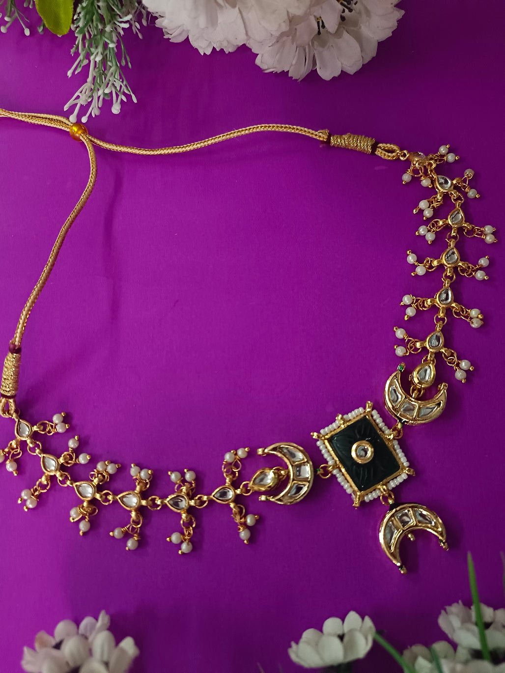 Sanjog Gold-Plated Kundan Crescent Moon Choker Necklace with Green Meenakari & Pearl Drops