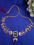 Sanjog Gold-Plated Kundan Crescent Moon Choker Necklace with Green Meenakari & Pearl Drops