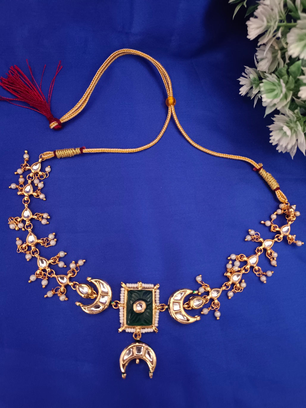 Sanjog Gold-Plated Kundan Crescent Moon Choker Necklace with Green Meenakari & Pearl Drops