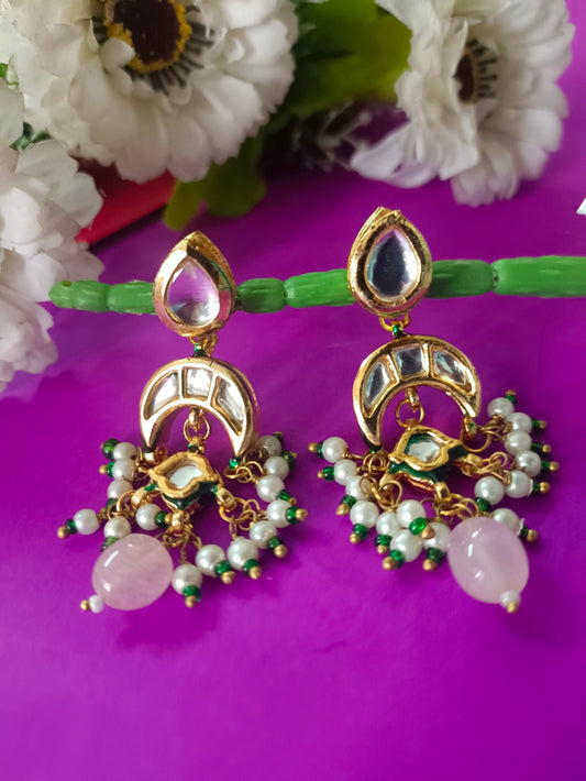 Sanjog Elegant Kundan Drop Earrings with Chandbali and Pink Rose Quartz Bead