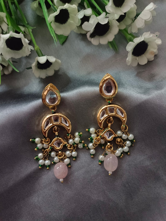 Sanjog Elegant Kundan Drop Earrings with Chandbali and Pink Rose Quartz Bead