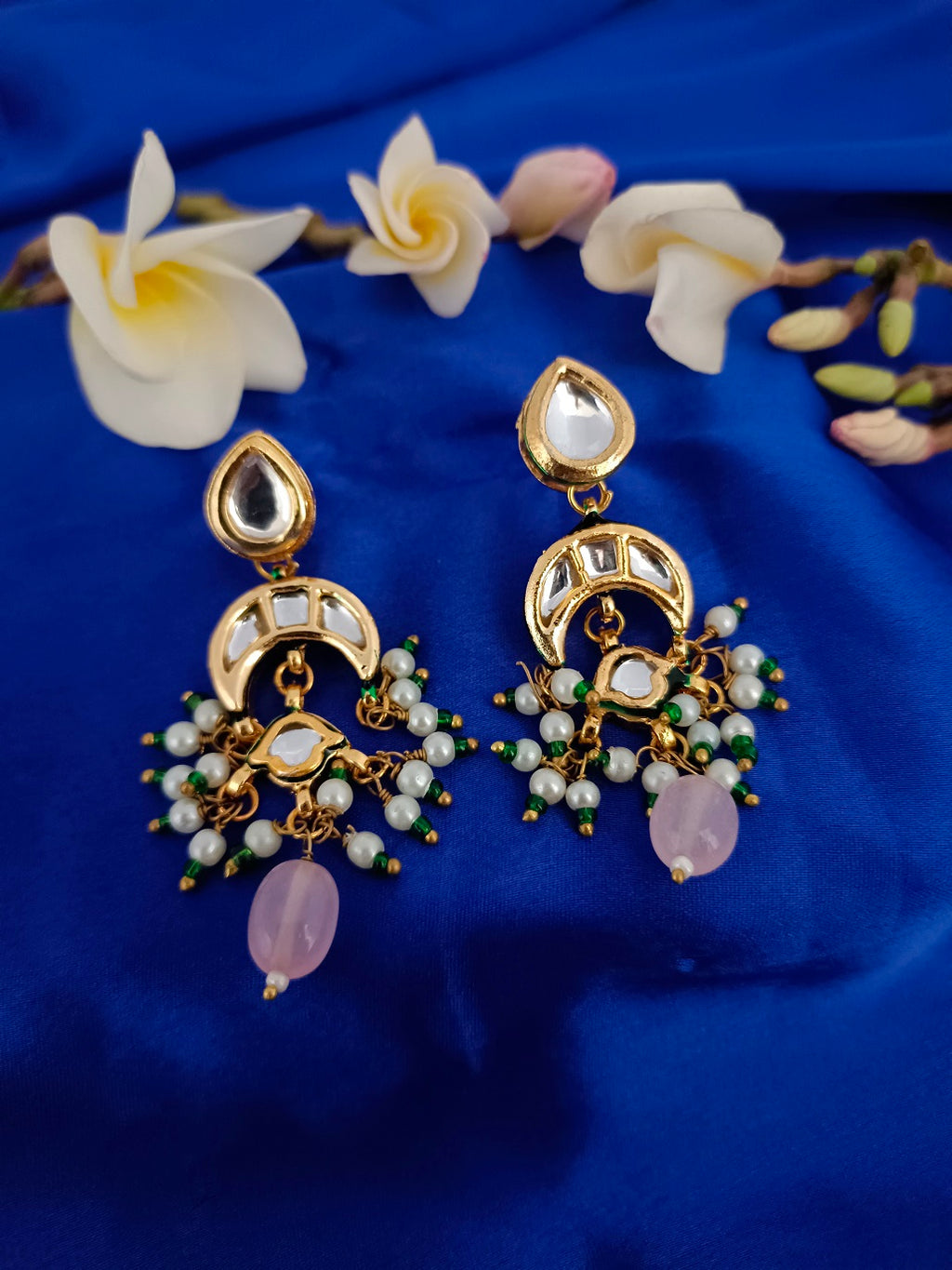 Sanjog Elegant Kundan Drop Earrings with Chandbali and Pink Rose Quartz Bead