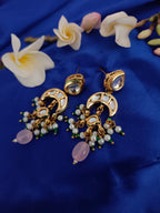 Sanjog Elegant Kundan Drop Earrings with Chandbali and Pink Rose Quartz Bead