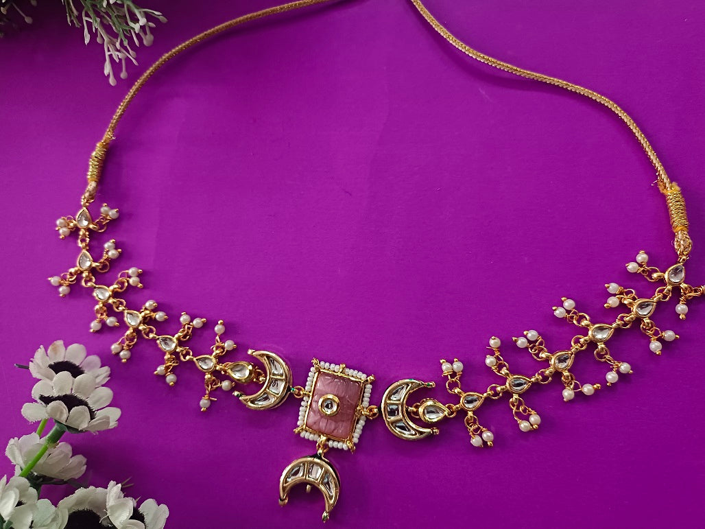 Sanjog Rajwadi Gold Plated Crescent Moon Kundan Choker Necklace with Pink Faux Stone and Pearl Drops