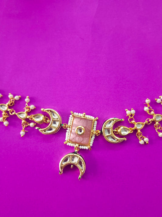 Sanjog Rajwadi Gold Plated Crescent Moon Kundan Choker Necklace with Pink Faux Stone and Pearl Drops