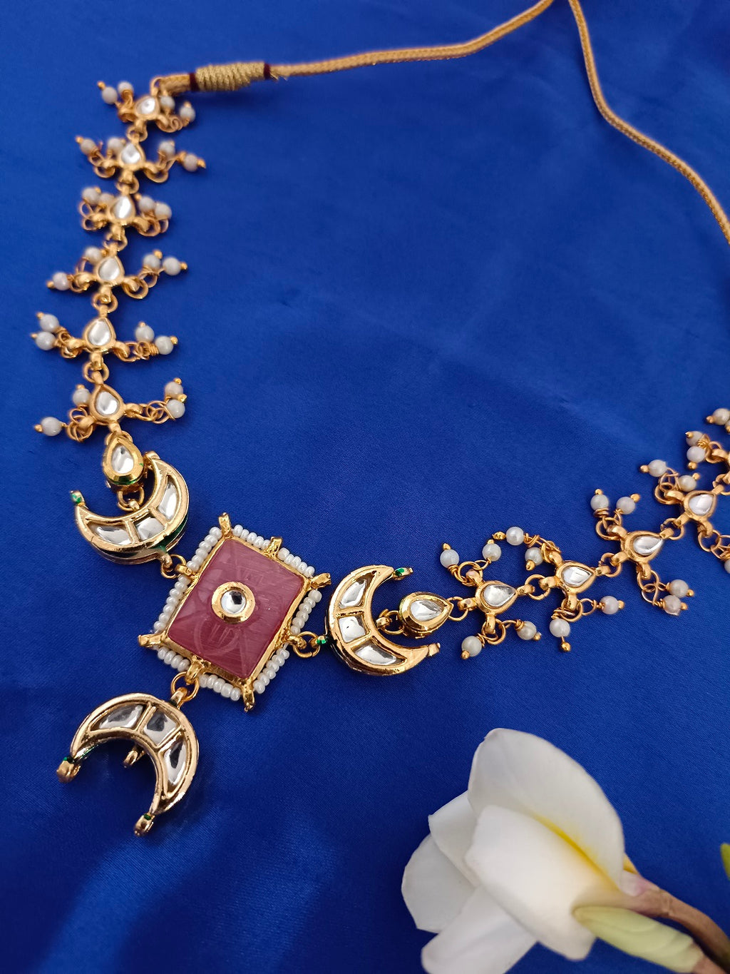 Sanjog Rajwadi Gold Plated Crescent Moon Kundan Choker Necklace with Pink Faux Stone and Pearl Drops