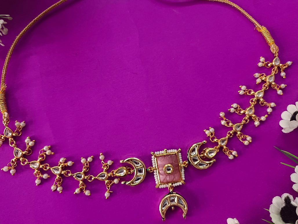 Sanjog Rajwadi Gold Plated Crescent Moon Kundan Choker Necklace with Pink Faux Stone and Pearl Drops