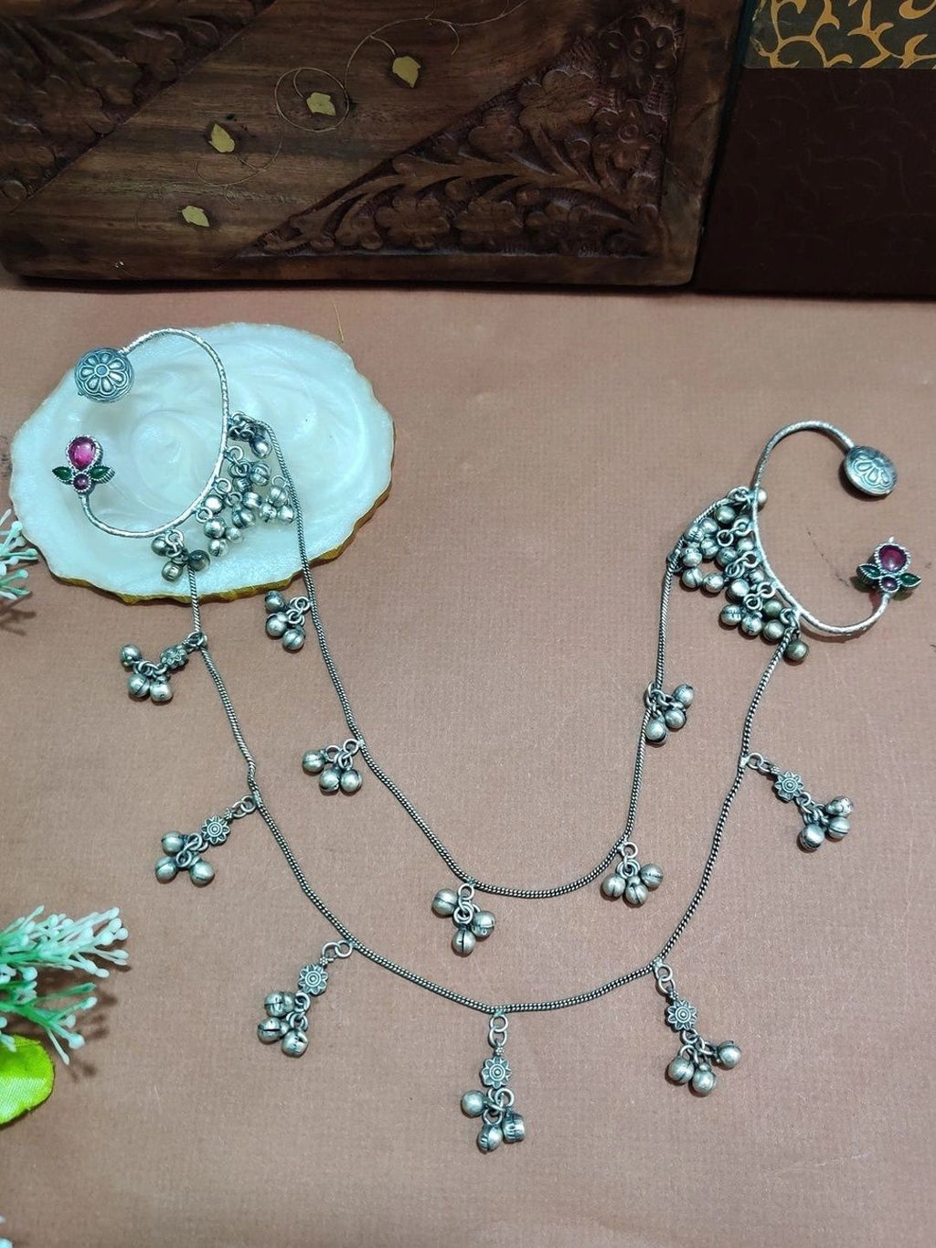 Silver-Plated Multicolour Floral Ear Cuff Earrings with Hair Chain