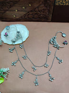 Silver-Plated Multicolour Floral Ear Cuff Earrings with Hair Chain