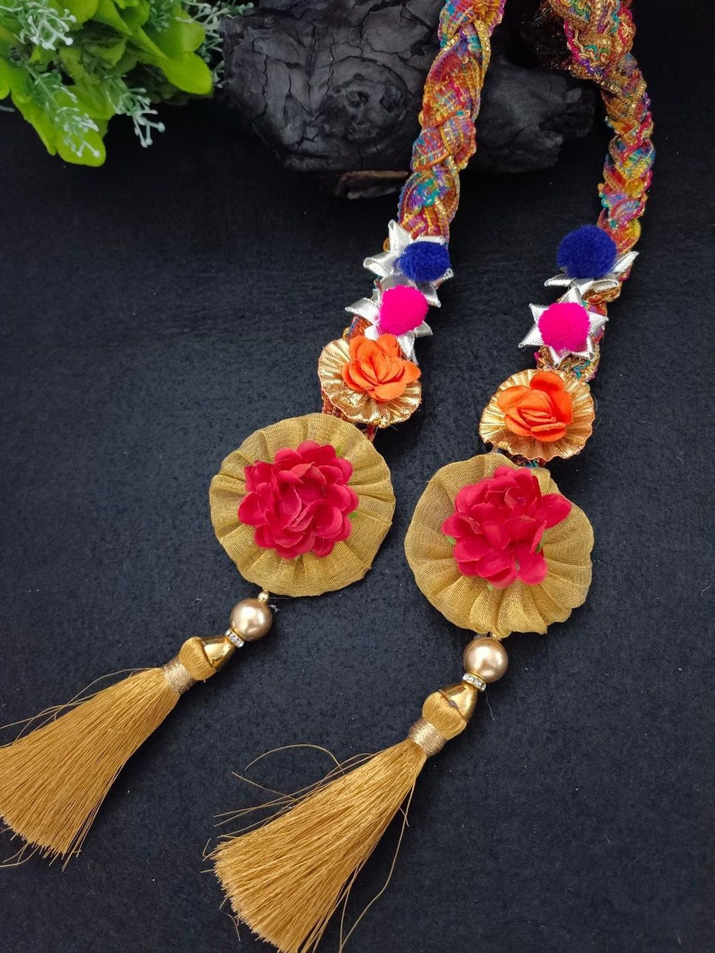 Lace & Gota Flower Punjabi Choti Paranda – Multicolour Beaded Cord