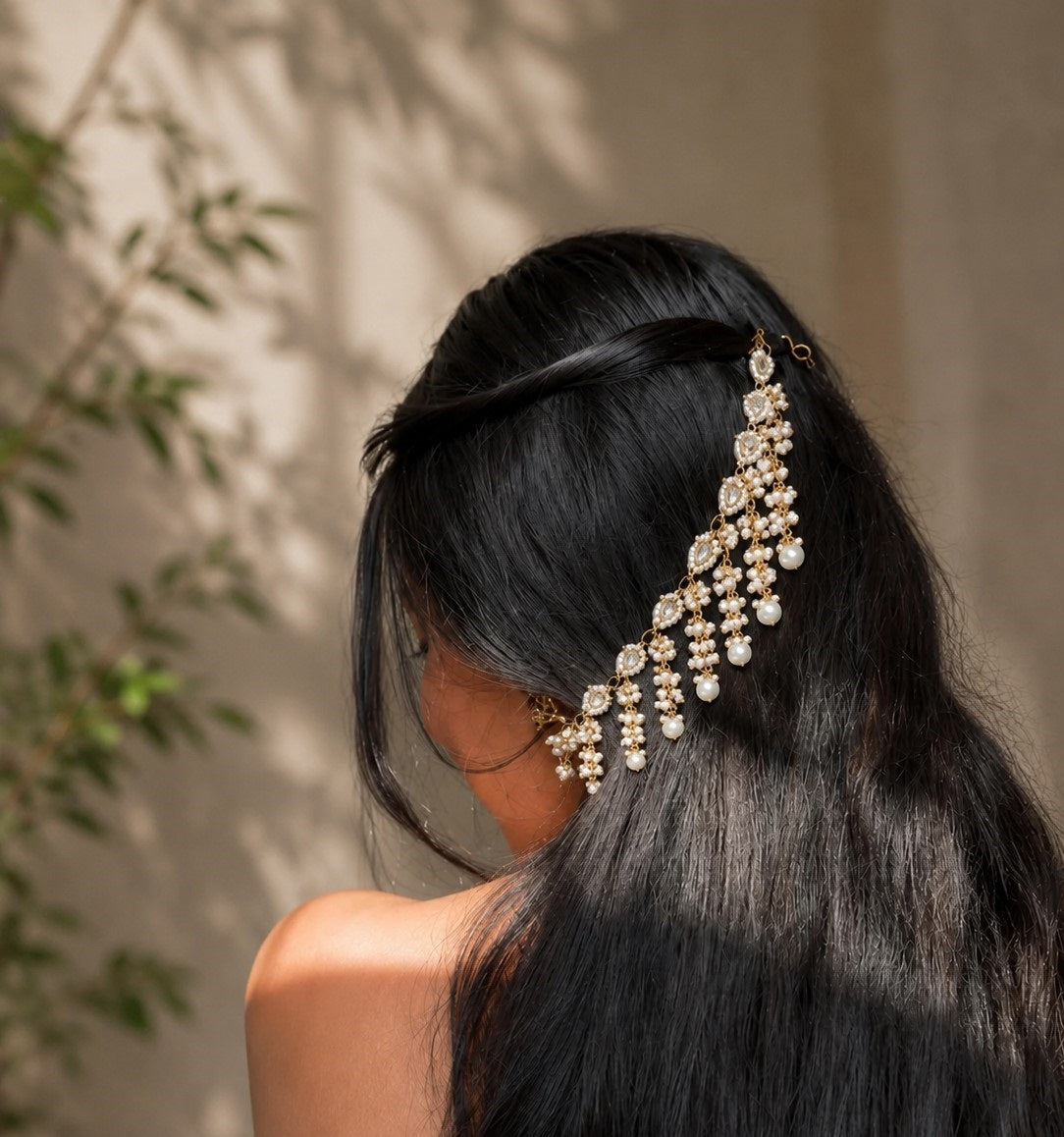 Gold-Plated Pearls Studded Layered Ear Chain With Sahara Earchain Earrings