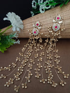 Gold Plated Pachi Kundan & Ghungaroo Studded Peacock Shaped Kashmiri Drop Earrings