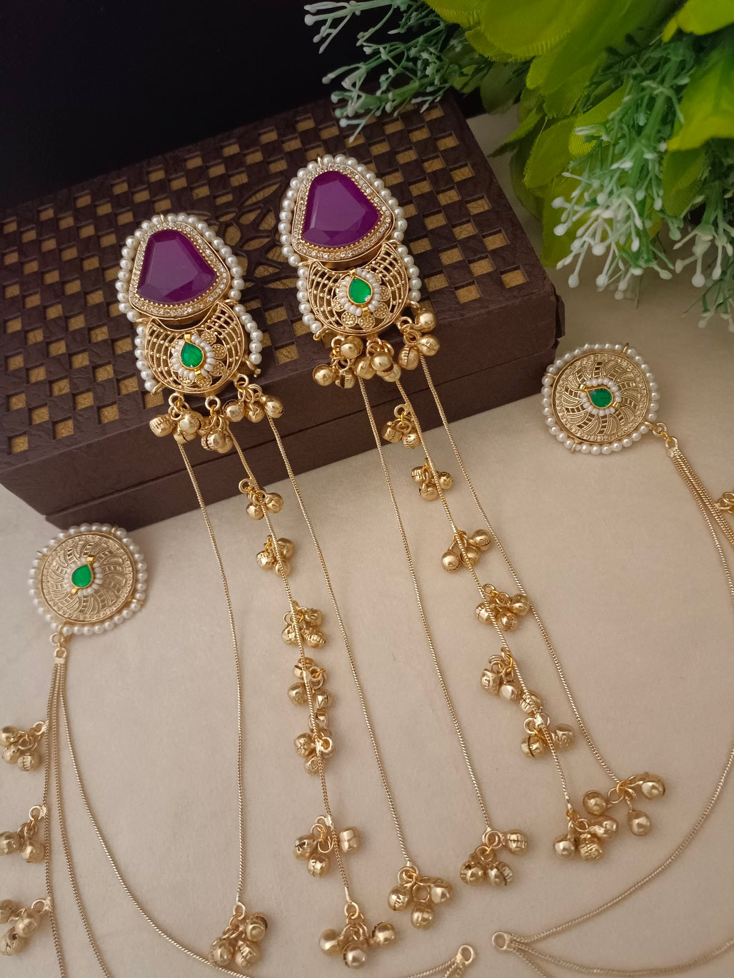Gold-Toned Geometric Drop Earrings | Kundan, Ghungroo Beaded Kashmiri Earchains