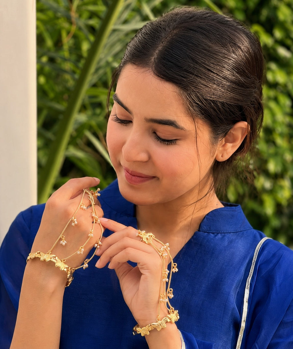 Women 2 Brass Handcrafted Gold-Plated Hathphool Panja Multi Ring Butterfly Bracelet