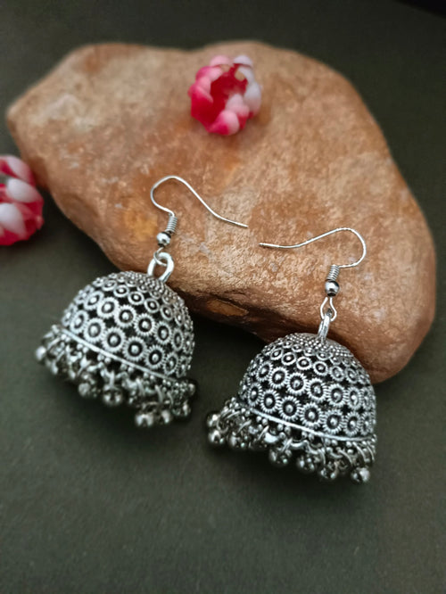 German Silver Silver-Plated Ghungroo Beaded Dome Shaped Oxidised Jhumkas