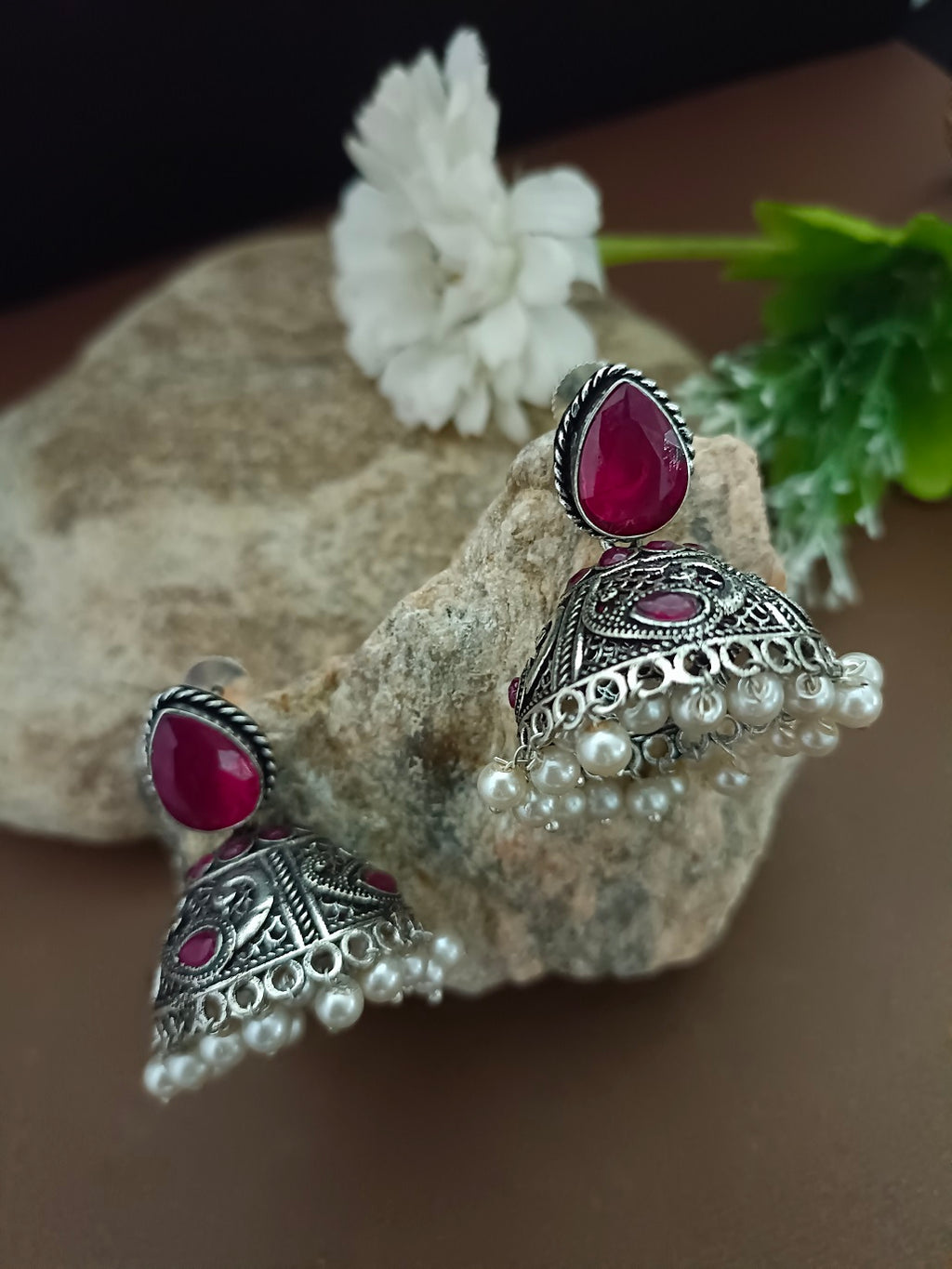 German Silver Plated Artificial Stones Studded And Beaded Dome Oxidised Jhumkas