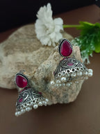 German Silver Plated Artificial Stones Studded And Beaded Dome Oxidised Jhumkas