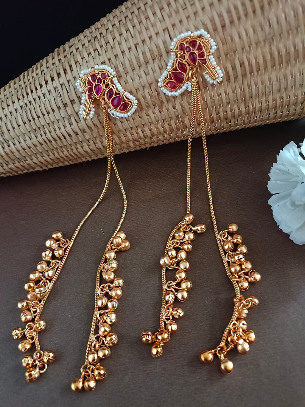 Gold-Plated Kundan Studded & Ghungroo Beaded Tasselled Peacock Kashmiri Drop Earrings