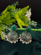 German Silver Silver-Plated Stones And Beaded Dome Shaped Oxidised Jhumkas